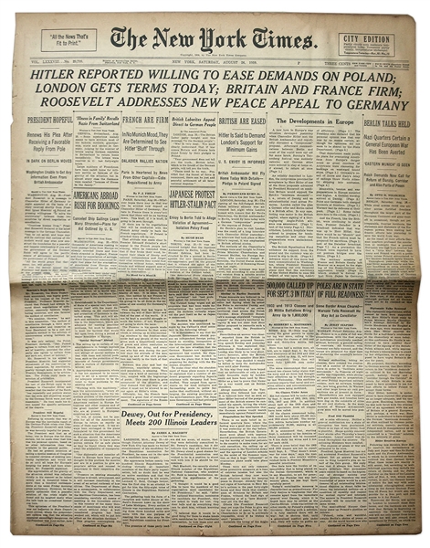 ''The New York Times'' From 26 August 1939 -- ''Roosevelt Addresses New Peace Appeal to Germany'' -- Less Than One Week Before WWII