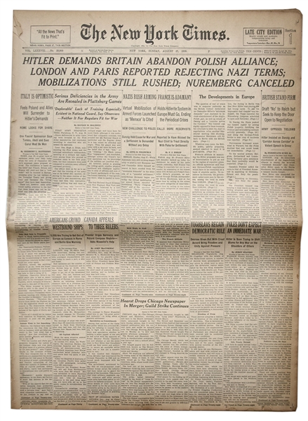 ''The New York Times'' From 27 August 1939 -- ''London and Paris Reported Rejecting Nazi Terms'' -- Five Days Before WWII