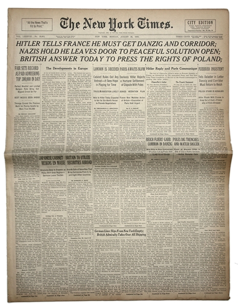''The New York Times'' From 28 August 1939 -- ''British Answer Today To Press The Rights of Poland'' -- Four Days Before WWII