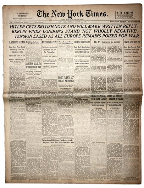 ''The New York Times'' From 29 August 1939 -- ''Berlin Finds London's Stand 'Not Wholly Negative''' -- Three Days Before WWII
