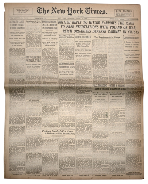 ''The New York Times'' 31 August 1939 Newspaper -- The Day Before World War II Began -- Headlines include: ''Reich Organizes Defense Cabinet in Crisis''
