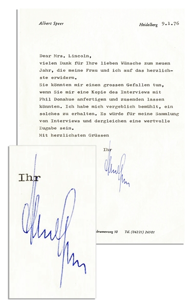 Albert Speer Letter Signed -- ''...You could do me a huge favor if you could make me a copy of the interview with Phil Donahue...'' -- 1976