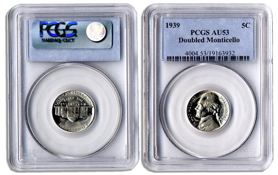 Jefferson Nickel -- Error Coin -- Series 1939 -- PCGS AU53 -- Doubled Monticello