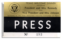 Press Badge for President Kennedys Texas Welcome Dinner, Slated for the Night He Was Assassinated