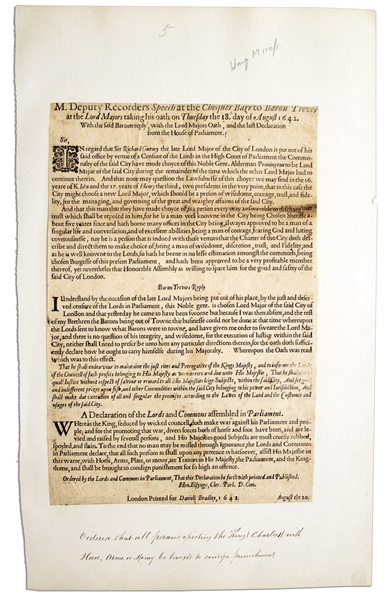 Charles I English Civil War Broadside -- ''...Whereas the King, seduced by wicked councell, doth make war against his Parliament and people...'' -- 1642
