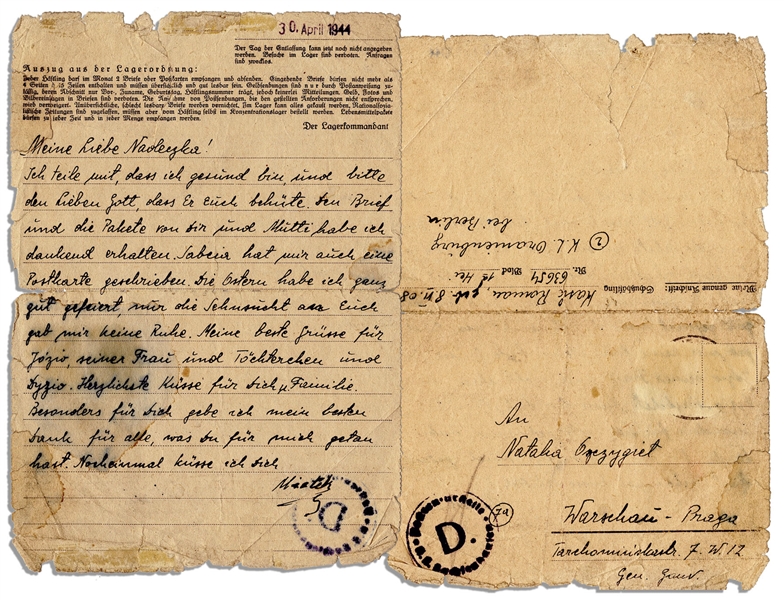 1944 Autograph Letter Signed From Sachsenhausen Concentration Camp Prisoner -- ''...I ask the dear God to protect you...''