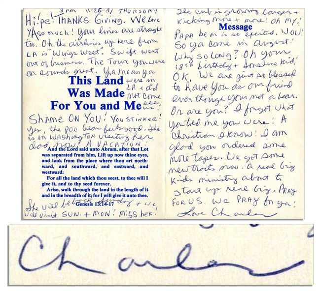 Manson Family Member Charles Watson Autograph Letter Signed -- ''...Ya mean ya were in LA + did not come see us! SHAME ON YOU! You STINKER!...the cub is growing larger + kicking more...Oh My!...''