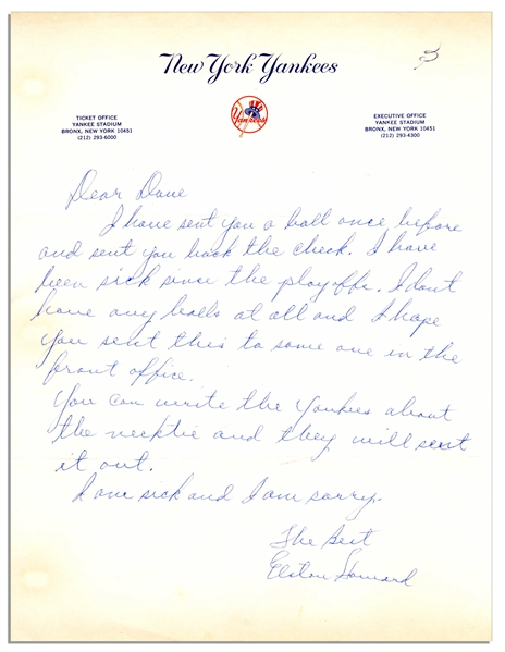 Baseball Legend Elston Howard Autograph Letter Signed on Yankees Letterhead -- ''...I Have Been Sick Since The Playoffs...'' -- With PSA/DNA COA
