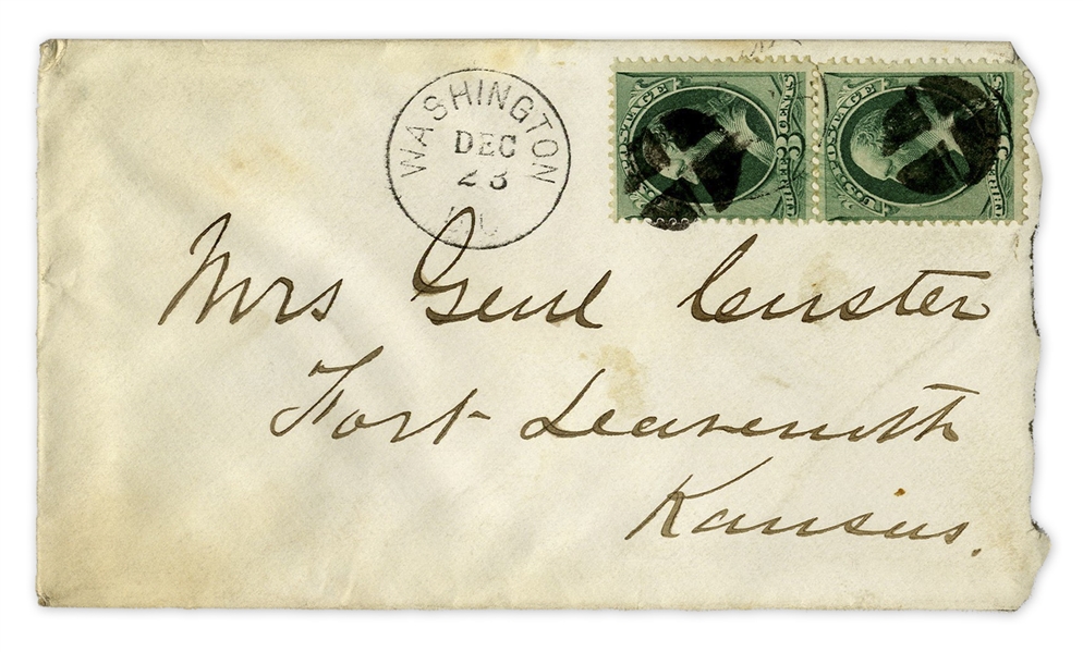 George Custer Signed Envelope, Made Out in His Hand to His Wife -- ''Mrs. Genl Custer''