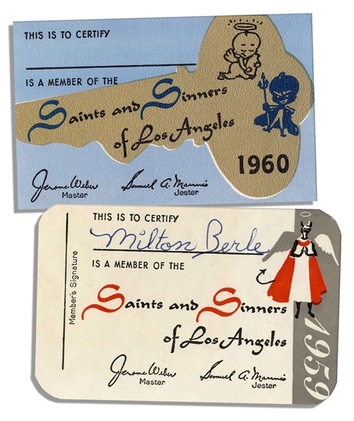 Milton Berle's Personally Owned Membership Card to Saints & Sinners