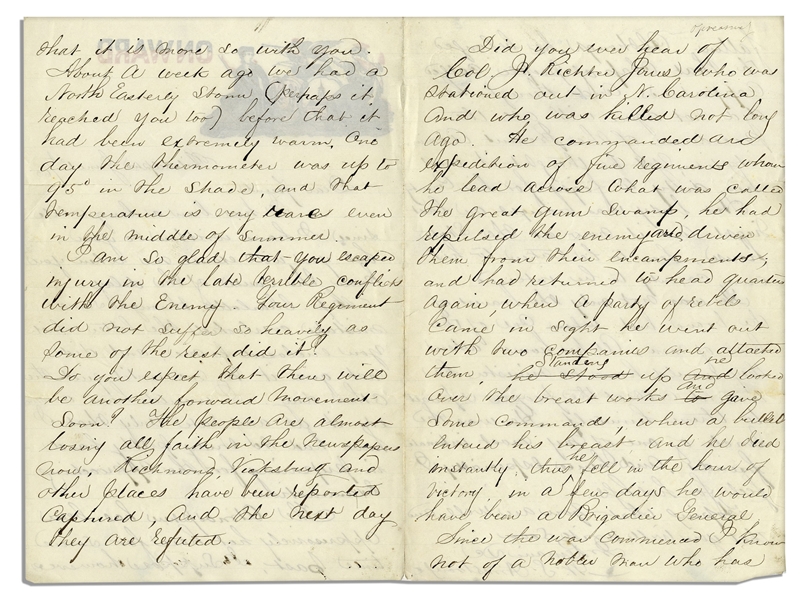 Letter Lot With Battle of Gum Swamp Content -- ''...Standing up [Col. Richter] looked over the breast works and gave some commands, when a bullet entered his breast and he died instantly...''