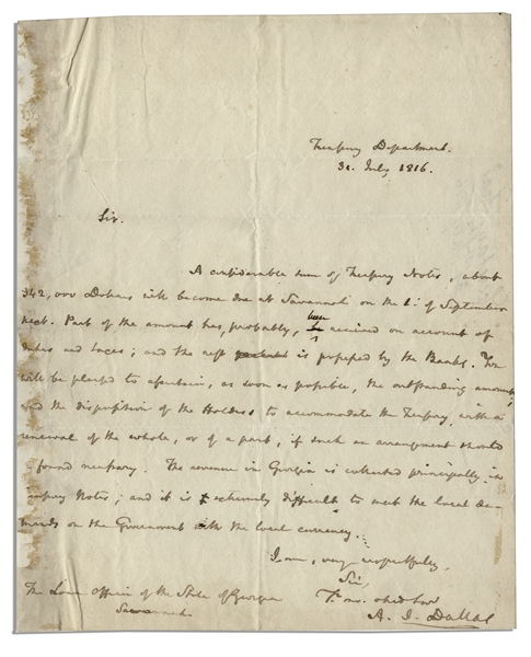 Rare Alexander J. Dallas Autograph Letter Signed as Secretary of The Treasury