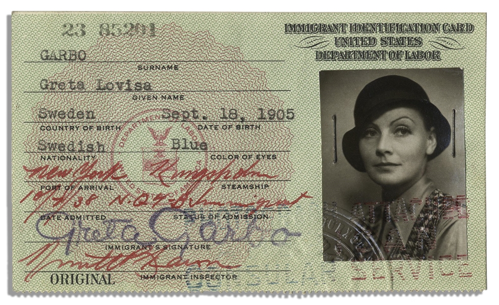 Greta Garbo's United States Immigrant ID Card -- Signed & With Her Photo From 1938