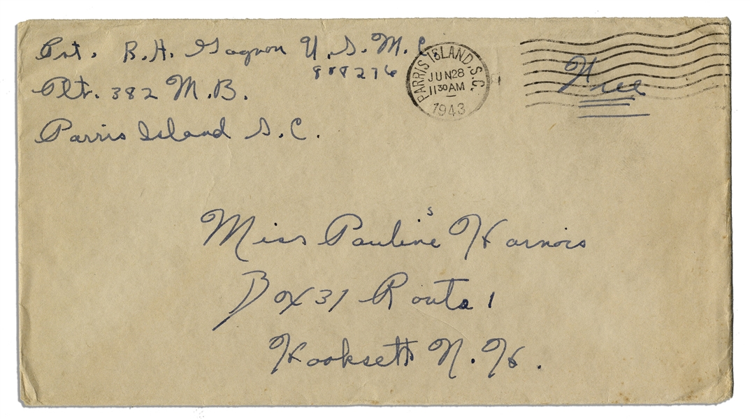 Rene Gagnon Signed Envelope From 1943 While a WWII Marine -- ''S.W.A.S.K.'' to His Girlfriend