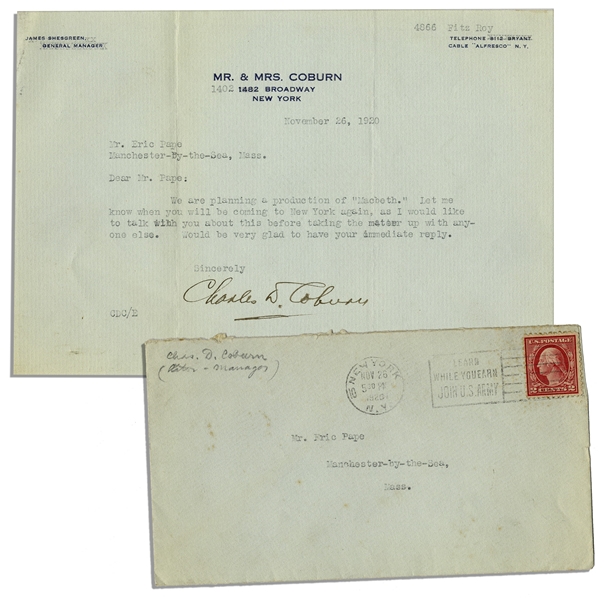 Charles D. Coburn Typed Letter Signed -- ''...We are planning a production of 'MacBeth'...''