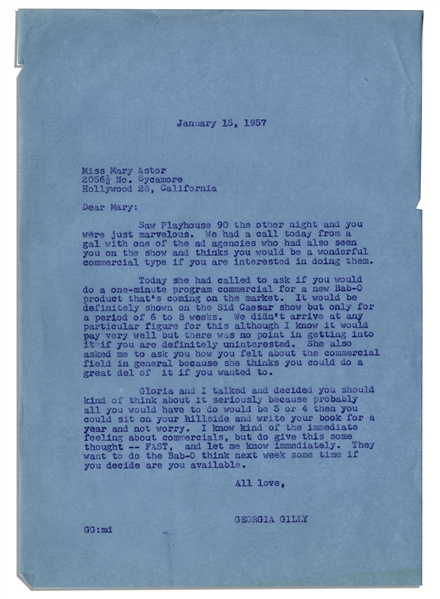 Mary Astor 1957 Autograph Letter Signed to Her Literary Agent -- ''Have I been having a ball! All the fun of being in a hit show without the dreary prospect of a long run!''