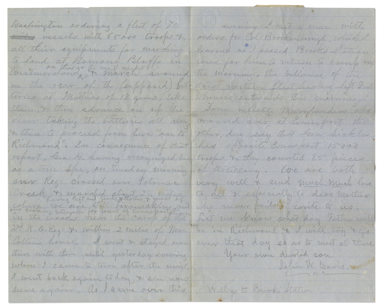 40th Virginia Infantryman Civil War Letter: ''...a spy had just passed through our camp, having crossed over at Mathias' point, on his way from Washington to report to General Holmes...''