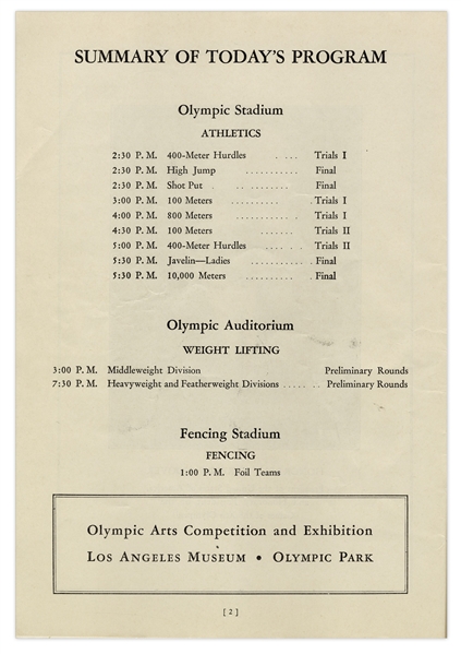 Olympics Program for the 1932 Summer Games in Los Angeles -- Program for 31 July 1932 Events