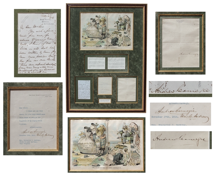 Andrew Carnegie Lot of 3 Signed Items in Framed Presentation -- Includes Autograph Letter Signed, Letter Signed & Signature