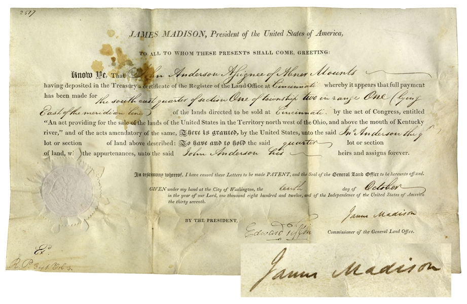 James Madison Land Grant Signed as President -- Also During the War of 1812