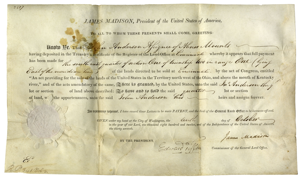 James Madison Land Grant Signed as President -- Also During the War of 1812