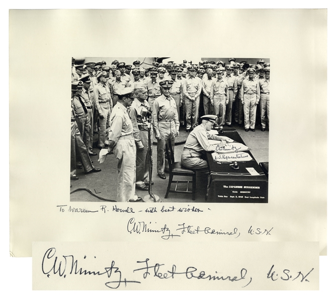 Admiral Chester Nimitz 14'' x 11'' Twice-Signed Photo of the Japanese Surrender -- Near Fine