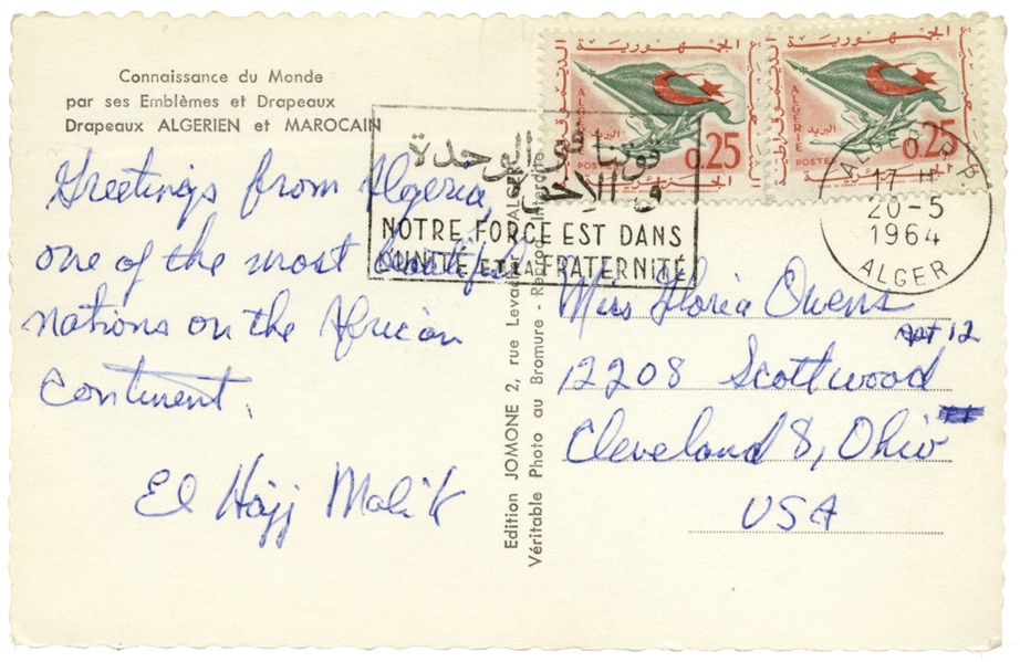 Very Rare Malcolm X Autograph Note Signed as el-Hajj Malik, His Muslim Name -- ''...Algeria, one of the most beautiful nations on the African continent...''