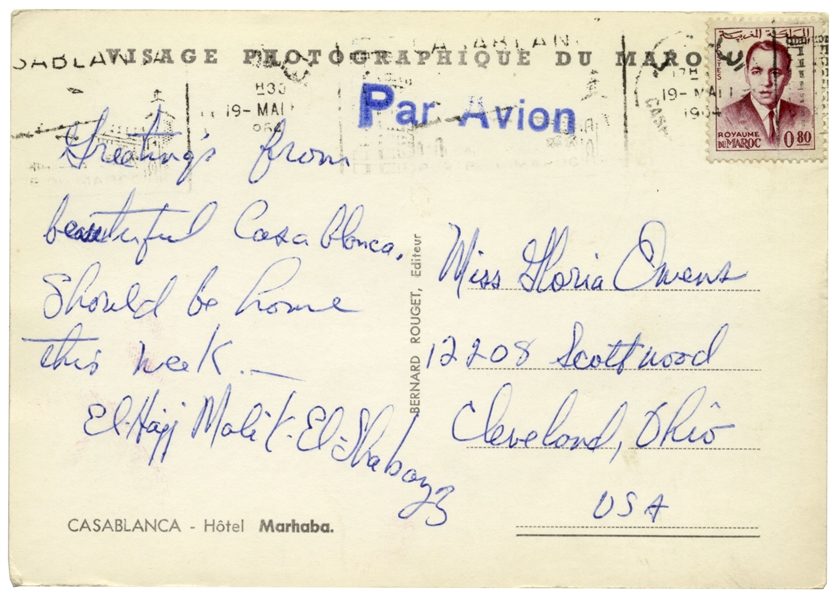 Very Rare Malcolm X Autograph Letter Signed as el-Hajj Malik el-Shabazz, His Full Muslim Name -- ''...Greetings from beautiful Casablanca...''