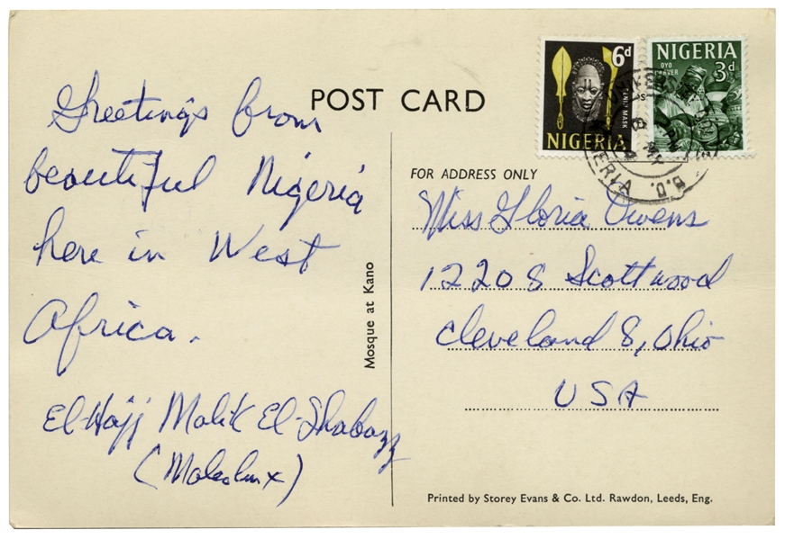 Malcolm X Autograph Note Dual-Signed as el-Hajj Malik and Malcolm X -- ''...Greetings from beautiful Nigeria...''