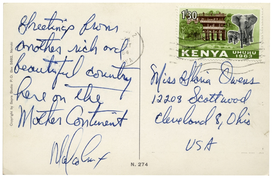 Malcolm X Autograph Note Signed -- ''...Greetings from another rich and beautiful country here on the Mother Continent...''