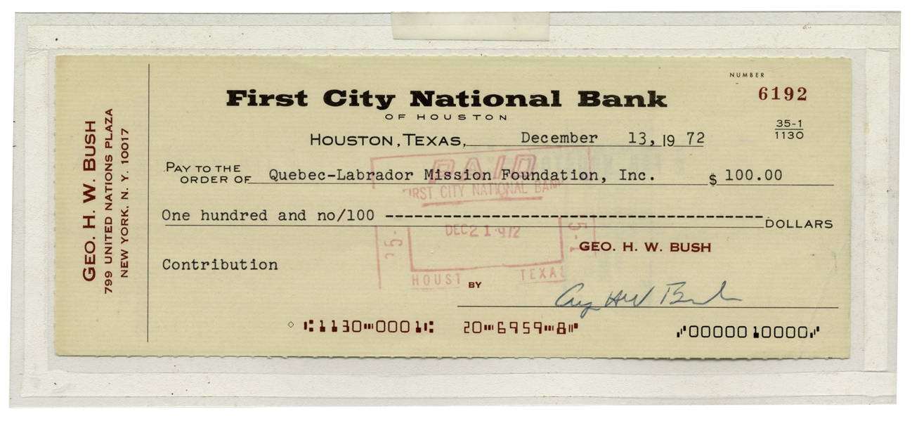 George H.W. Bush Signed Check -- Bush Donates to a Charitable Mission Foundation