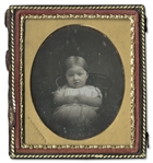 Rare Sixth-Plate Daguerreotype of a Small Child -- Full Case With Bird and Grapevine Variant Design by Rinhart