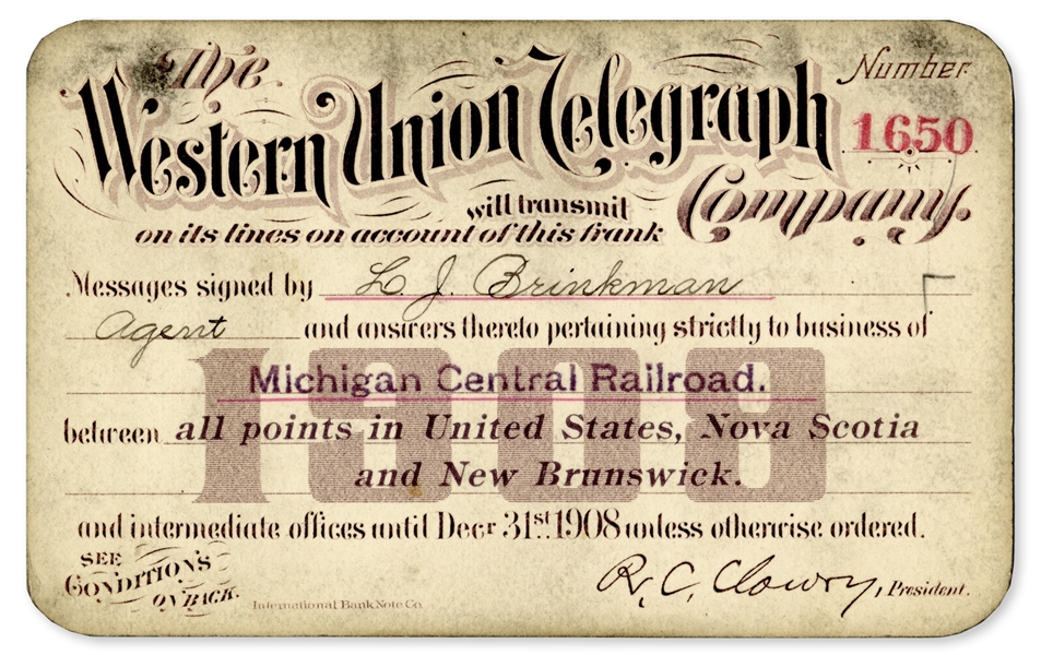 Michigan Central Railroad Employee Pass for Western Union Telegraph Service -- 1908