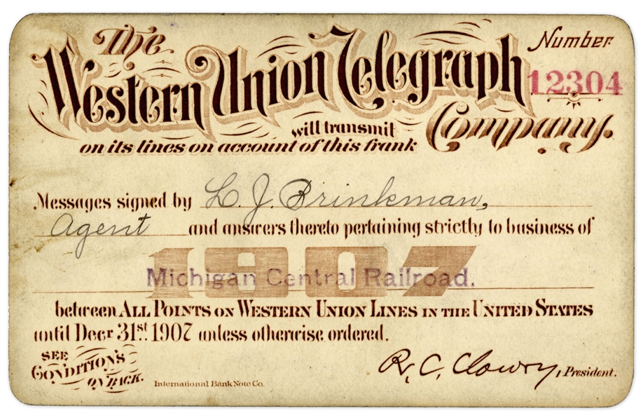 Michigan Central Railroad Employee Pass for Western Union Telegraph Service -- 1907