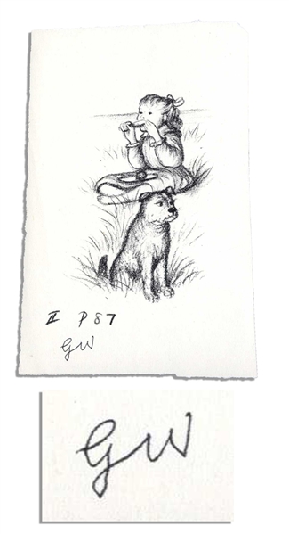 Garth Williams Signed Print From the 1953 Edition of ''Little House on the Prairie'' -- Laura Sits in the Grass With Her Beloved Dog Jack