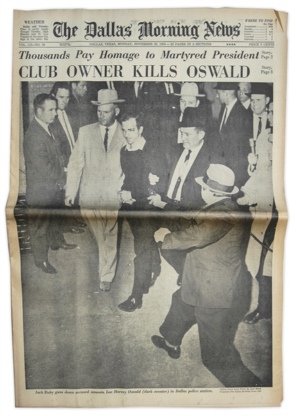 JFK Assassination Newspaper -- ''Dallas Morning News'' -- 25 November 1963 -- Announcing Oswald's Death