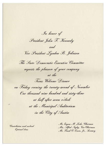 Lot of 25 Invitations to the Dinner Welcoming President Kennedy to Texas the Night of His Assassination
