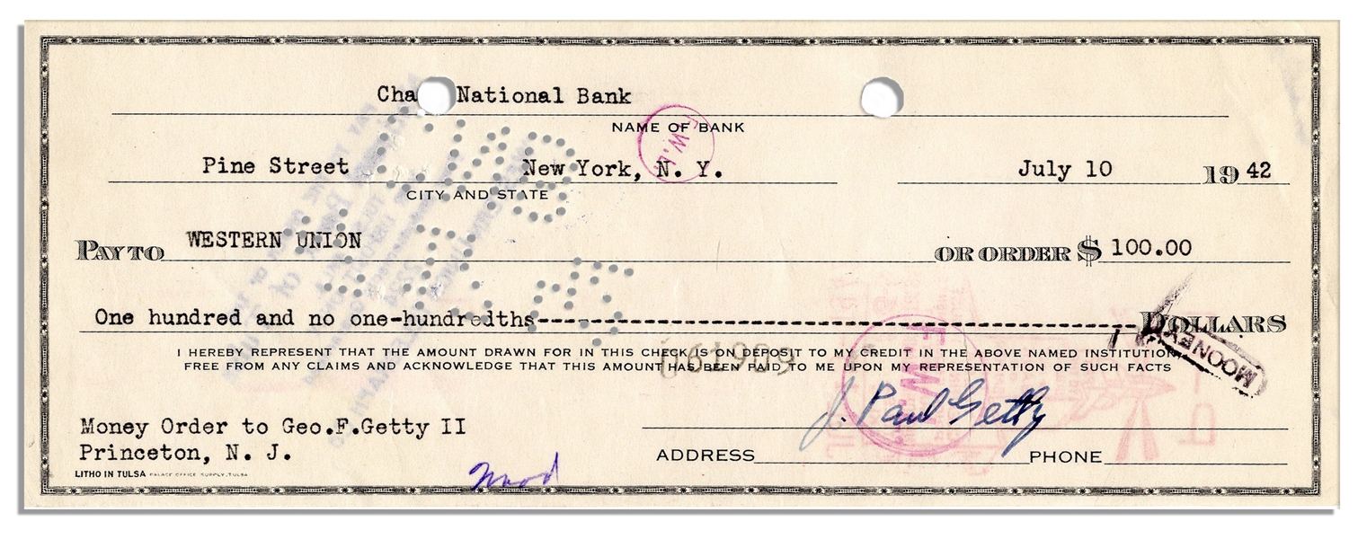 Billionaire Oil Magnate ''J. Paul Getty'' Signed Check Wiring Money to His Son