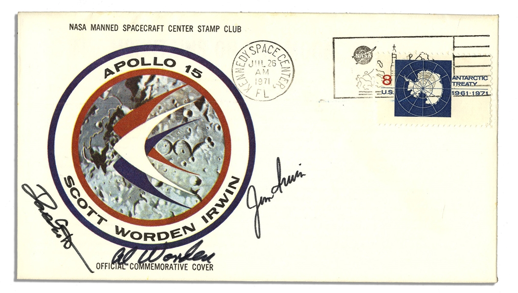 Apollo 15 Crew-Signed NASA Insurance Cover -- Signed ''Al Worden'', ''Dave Scott'' & ''Jim Irwin'' -- Cancelled 26 July 1971 -- 6.5'' x 3.75'' -- Near Fine -- With COA From Worden