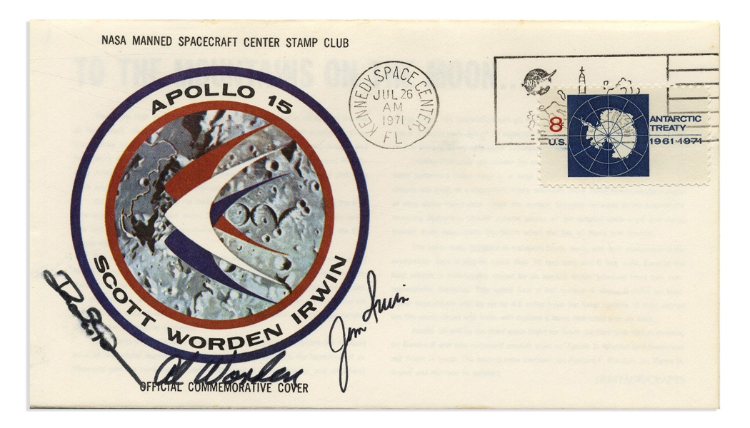 Apollo 15 Crew-Signed NASA Astronaut Insurance Cover -- Signed ''Al Worden'', ''Dave Scott'' & ''Jim Irwin'' -- Cancelled 26 July 1971 -- 6.5'' x 3.75'' -- Near Fine -- With COA From Worden