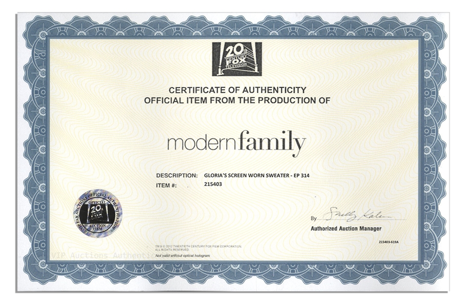 Sofia Vergara Screen-Worn Sweater From ''Modern Family'' -- With COA From 20th Century Fox Television