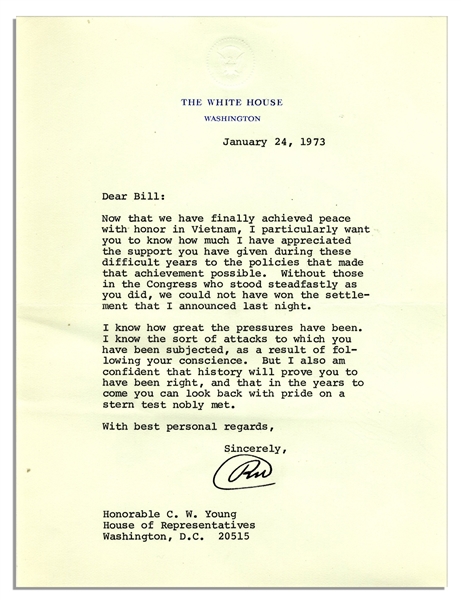 President Richard Nixon 1973 Letter Signed on the Paris Peace Accords Ending the Vietnam War -- ''...Now that we have finally achieved peace with honor in Vietnam...''