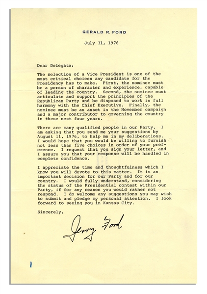 President Gerald Ford Asks for Advice on Vice Presidential Nominees in 1976 -- ''...I am asking that you send me your suggestions by August 11, 1976...''