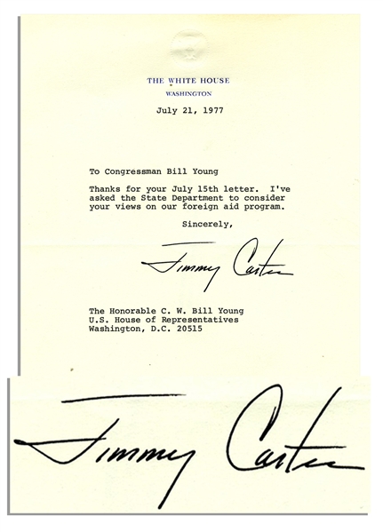 Jimmy Carter Typed Letter Signed as President -- ''...your views on our foreign aid program...''