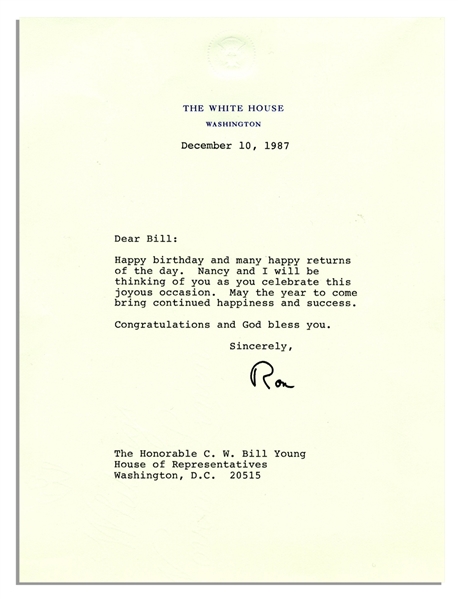 Ronald Reagan Typed Letter Signed as President, Sending Birthday Wishes -- ''...Happy birthday and many happy returns of the day...''