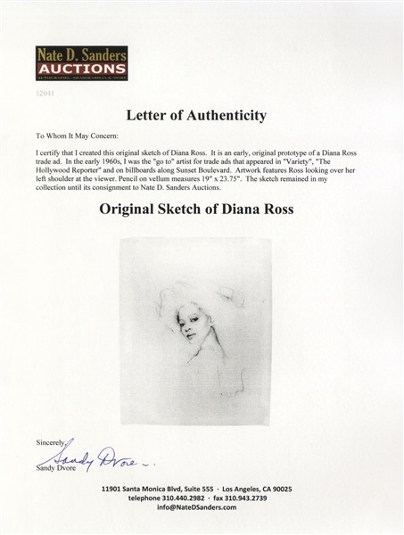 Original Sketch of Diana Ross by Legendary Graphic Artist Sandy Dvore