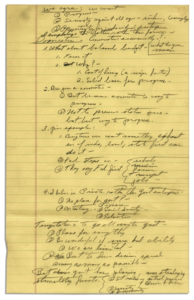 Richard Nixon Handwritten Notes From 1958 -- Likely Notes From a Speech, With Arguments on Conservatism -- ''...I believe in Private rather than govt enterprise...Are you a Conservative...''