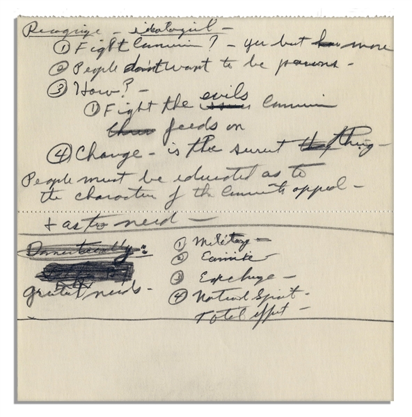 Richard Nixon Handwritten Notes on Communism -- ''...People don't want to be pawns...Change - is the surest thing - People must be educated as to the character of the Communist appeal...''
