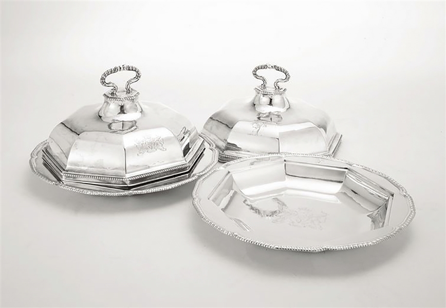 King George III Style Pair of Silver Vegetable Dishes With Lids -- 1780