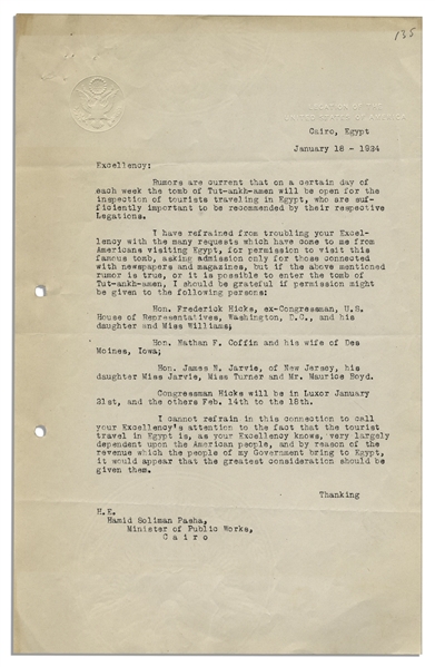 1924 Letter Regarding King Tut's Tomb -- The U.S. Government Writes ''...Rumors are...the tomb of Tut-ankh-amen will be open for inspection of tourists...''